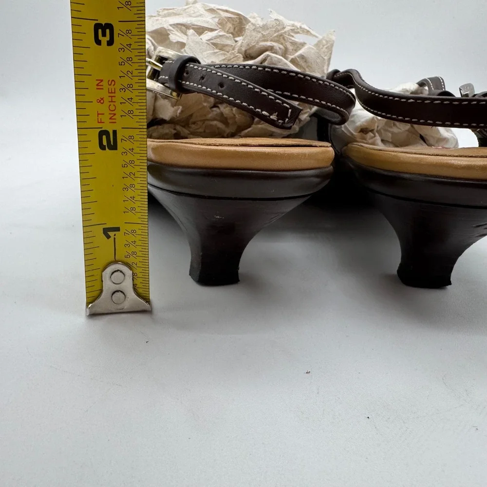 Prada Vintage Metal Triangle Logo Slingback Kitten Heel Sandals in Brown Leather